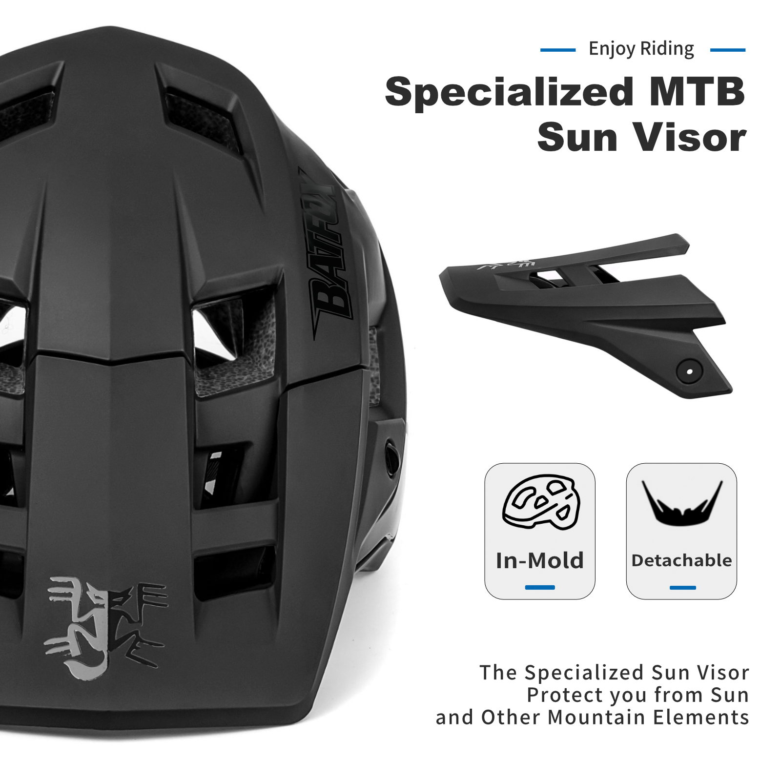 BATFOX EN1078 Certified Mountain Bike Helmet with Detachable Visor, 6 Colors Lightweight Safety MTB Helmet for Men Women Off Road Cycling